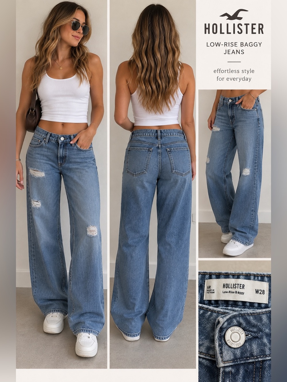 Hollister Low-Rise Baggy Jeans Size 28 Medium Wash Distressed Wide Leg